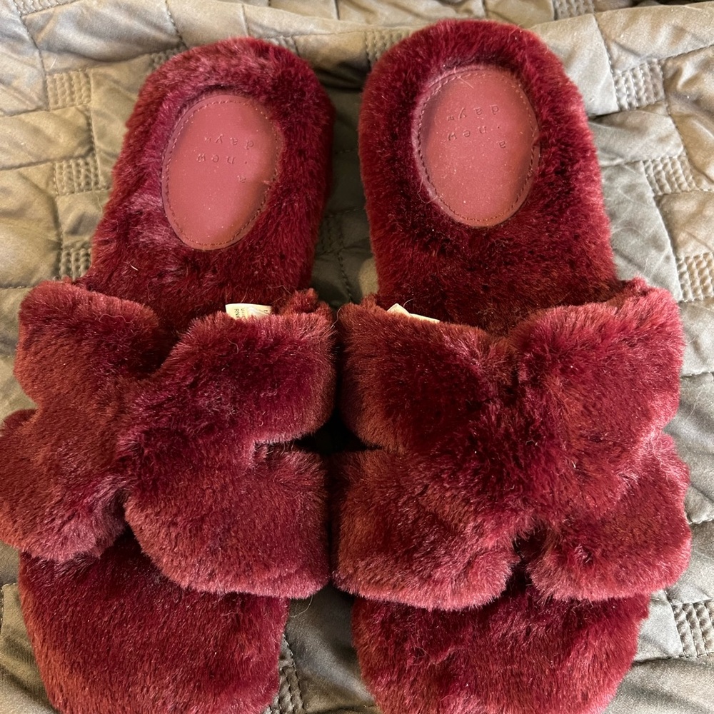 a new day Plush Maroon Slippers